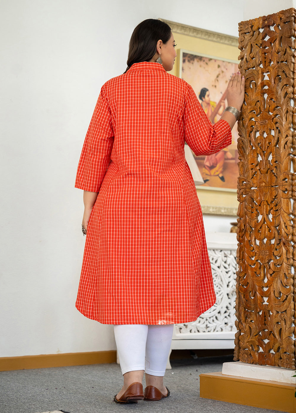Kaajh Women's Red Check Print Plus Size Cotton Kurta