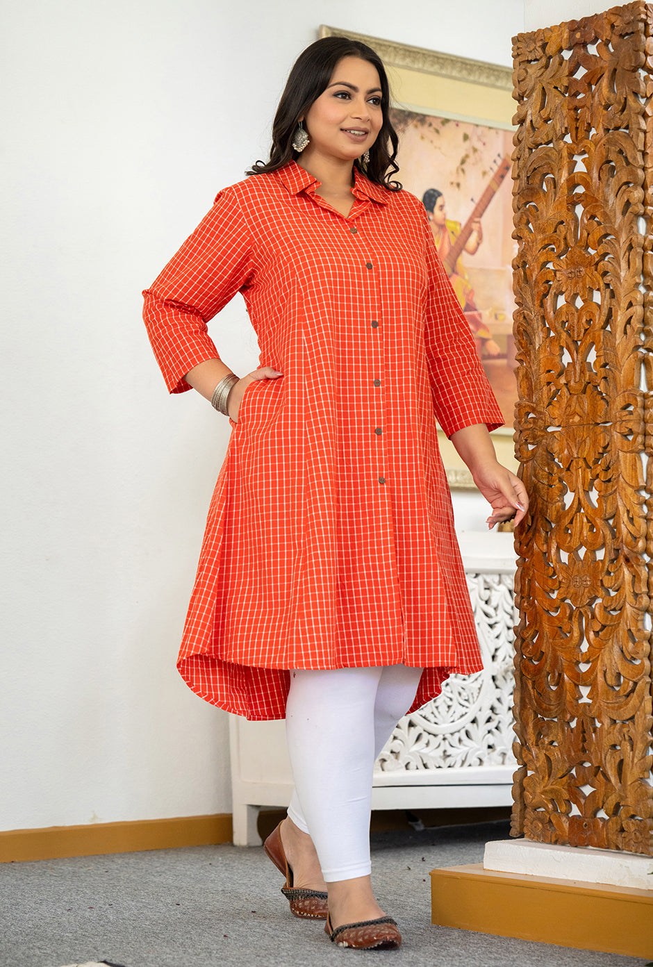 Kaajh Women's Red Check Print Plus Size Cotton Kurta