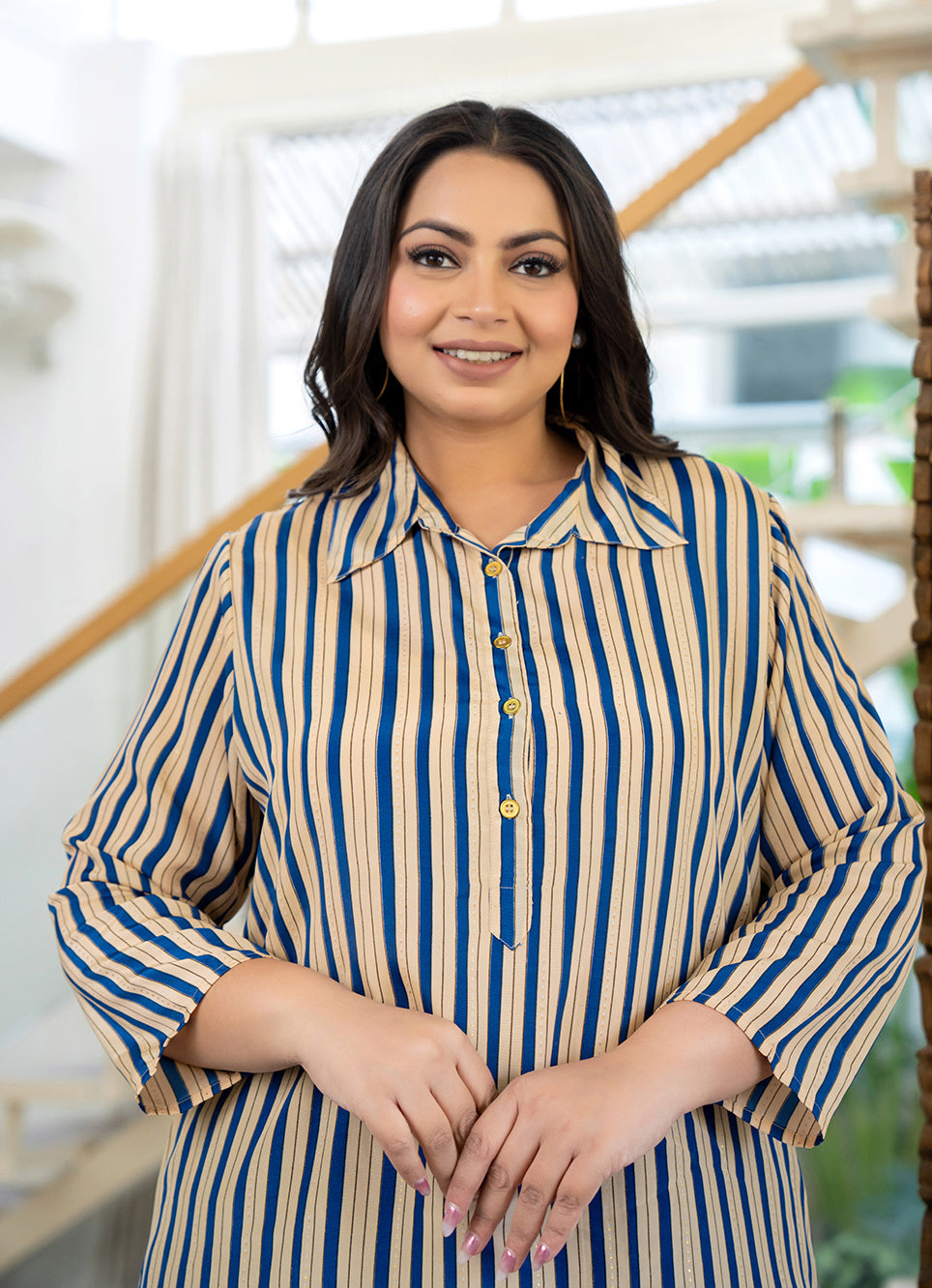 Kaajh Women's Blue Striped Viscose Rayon Plus Size Kurta