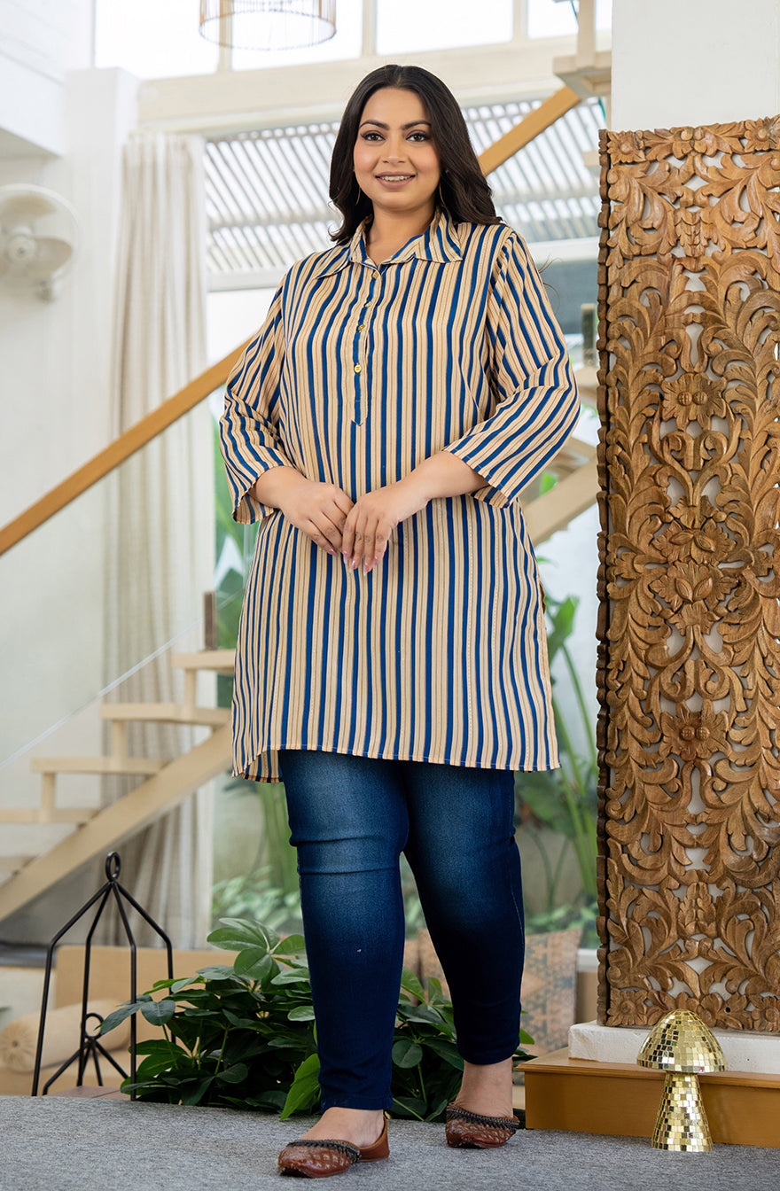 Kaajh Women's Blue Striped Viscose Rayon Plus Size Kurta