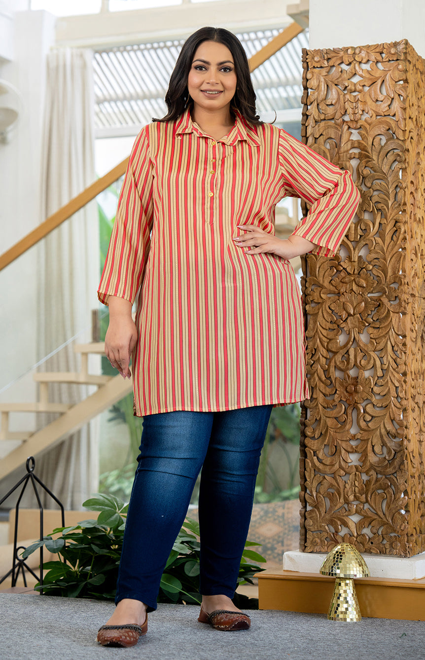 Kaajh Women's Pink Striped Viscose Rayon Plus Size Kurta