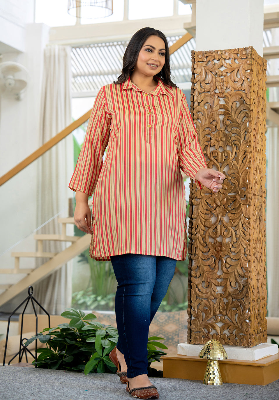 Kaajh Women's Pink Striped Viscose Rayon Plus Size Kurta