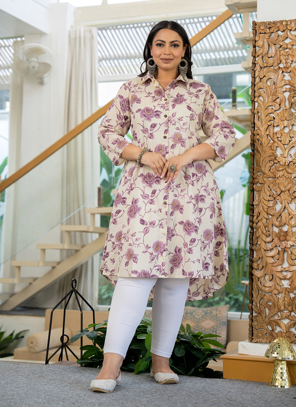 Kaajh Women's Purple Floral Printed Plus Size Cotton Kurta