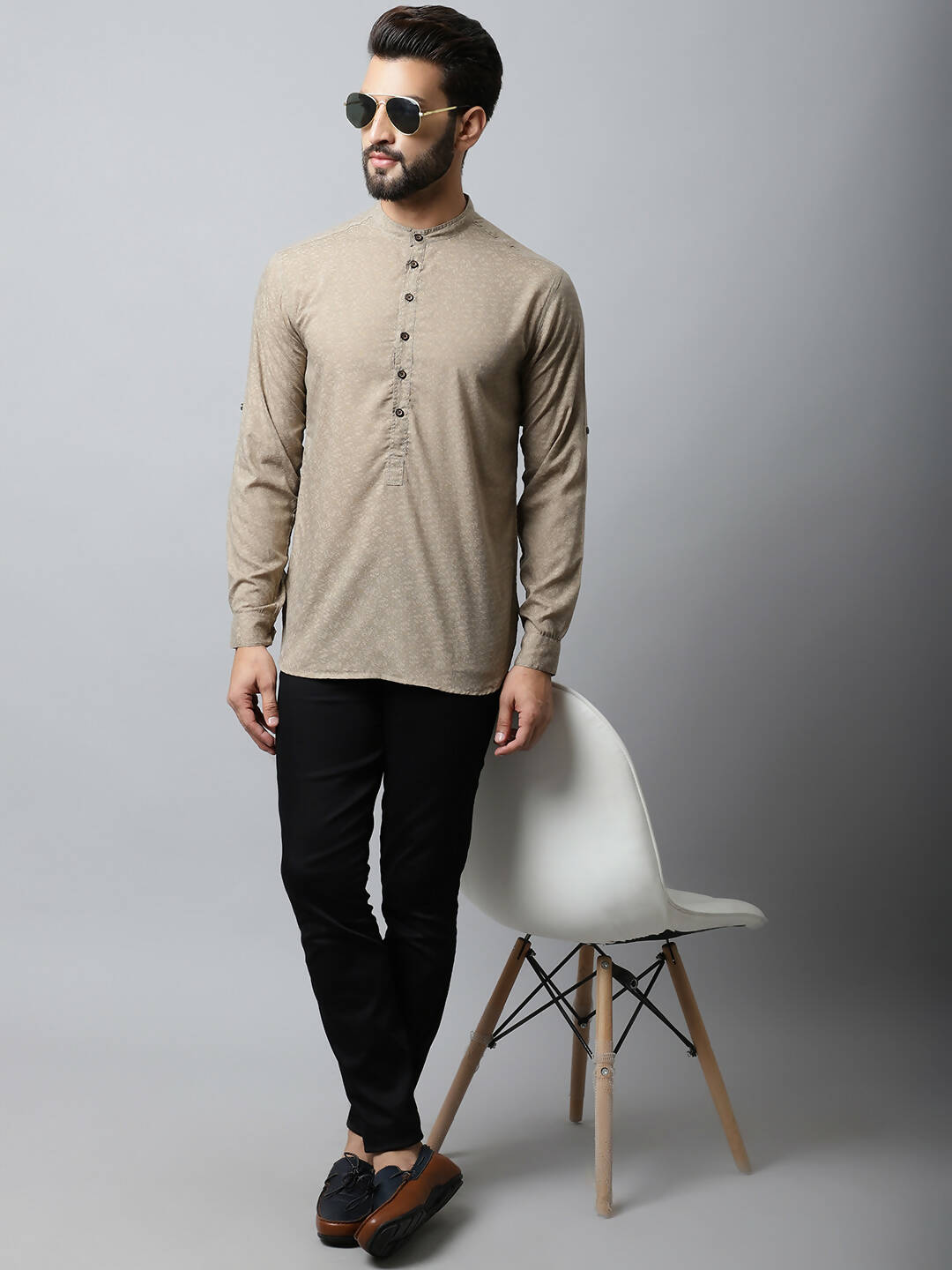 Even Apparels Beige Color Pure Cotton Men's Kurta With Band Collar (SLD072)