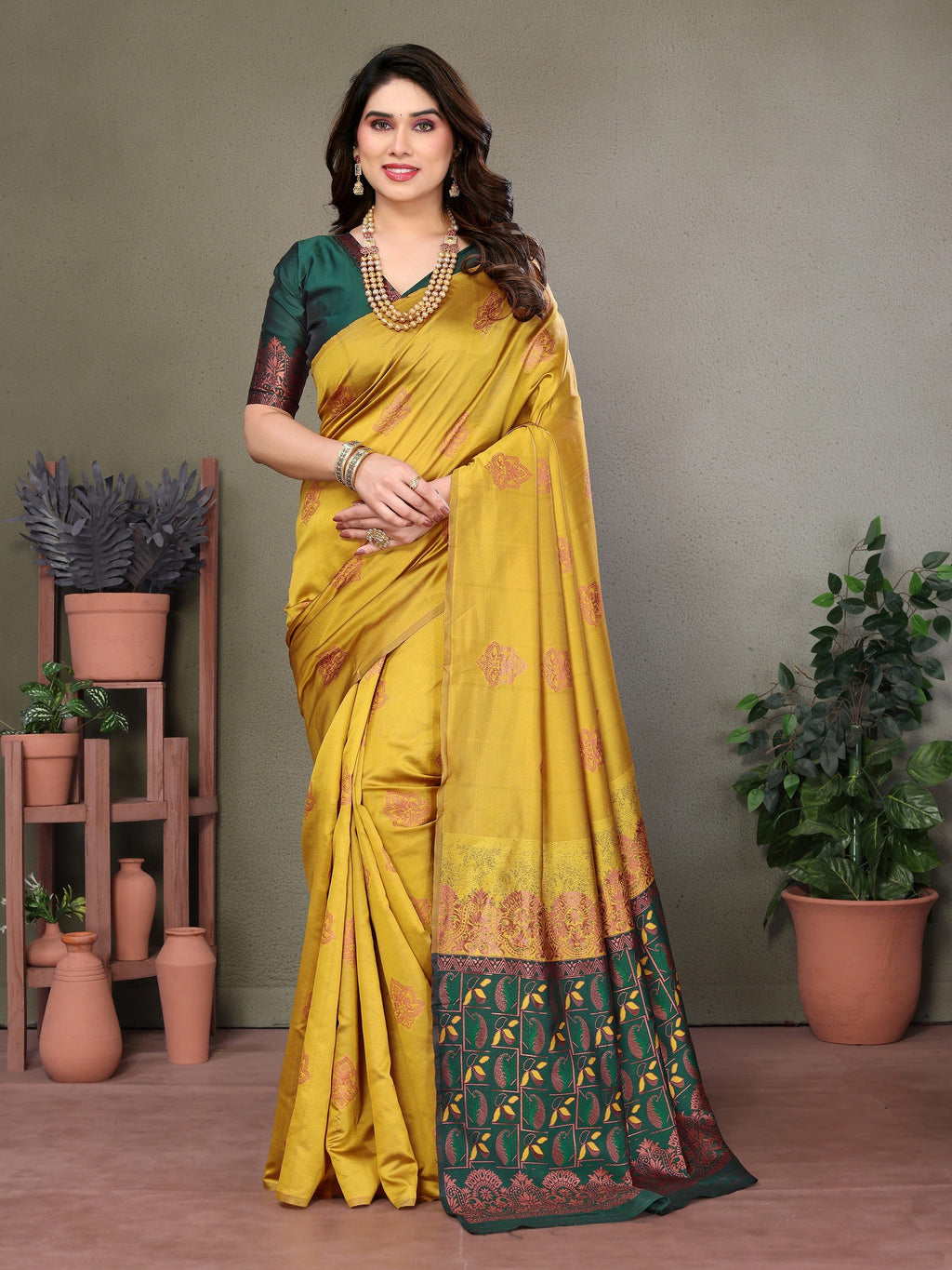 Vedant Vastram Soft Litchi Silk Kanjeevaram Saree - Mustard