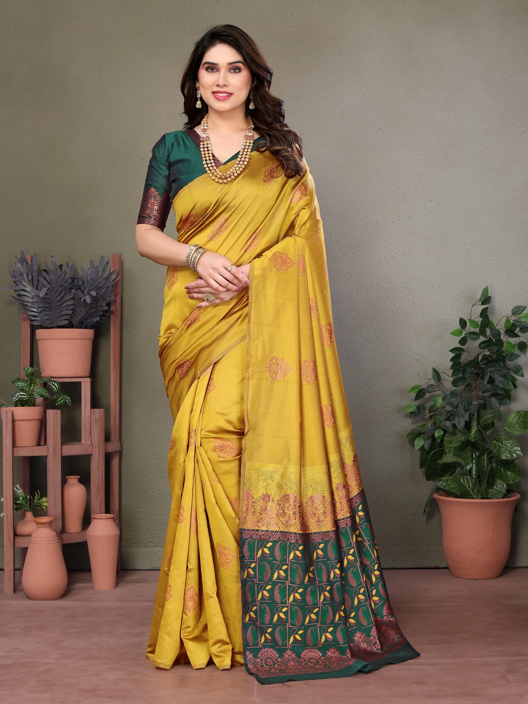 Vedant Vastram Soft Litchi Silk Kanjeevaram Saree - Mustard