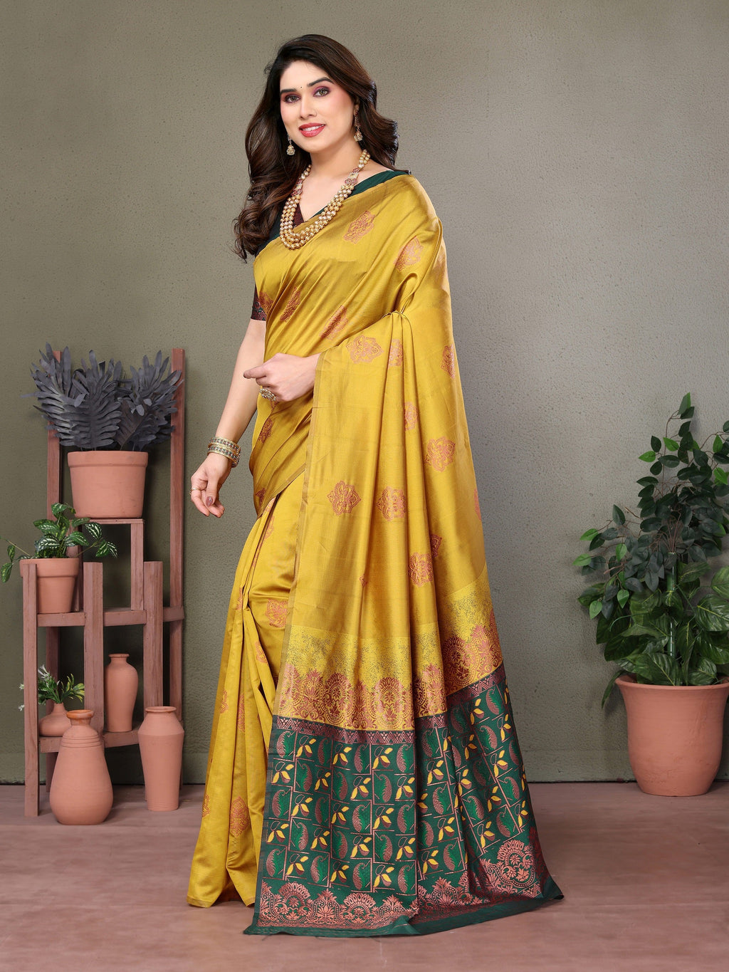 Vedant Vastram Soft Litchi Silk Kanjeevaram Saree - Mustard