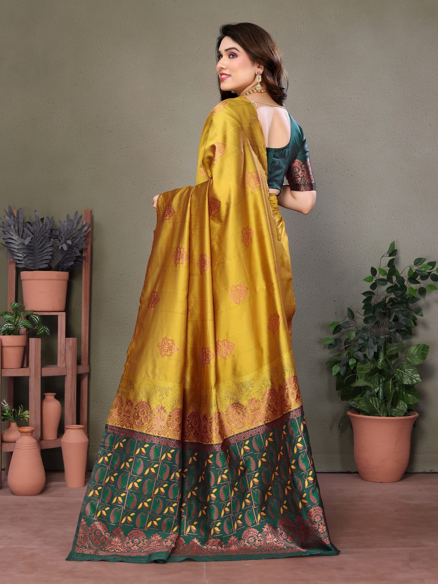 Vedant Vastram Soft Litchi Silk Kanjeevaram Saree - Mustard
