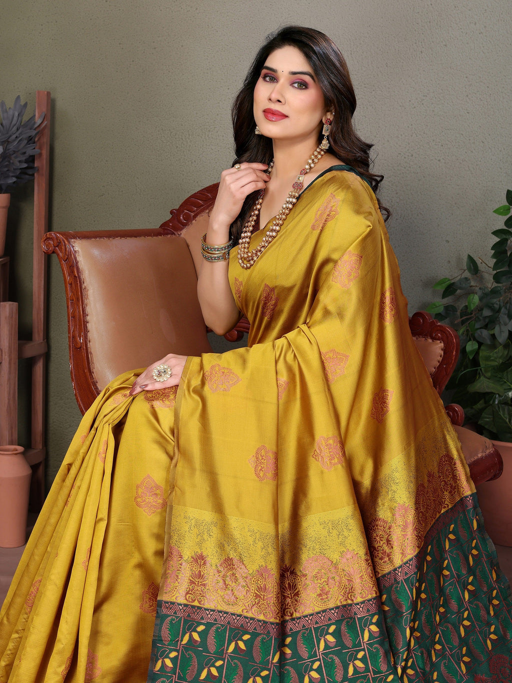 Vedant Vastram Soft Litchi Silk Kanjeevaram Saree - Mustard