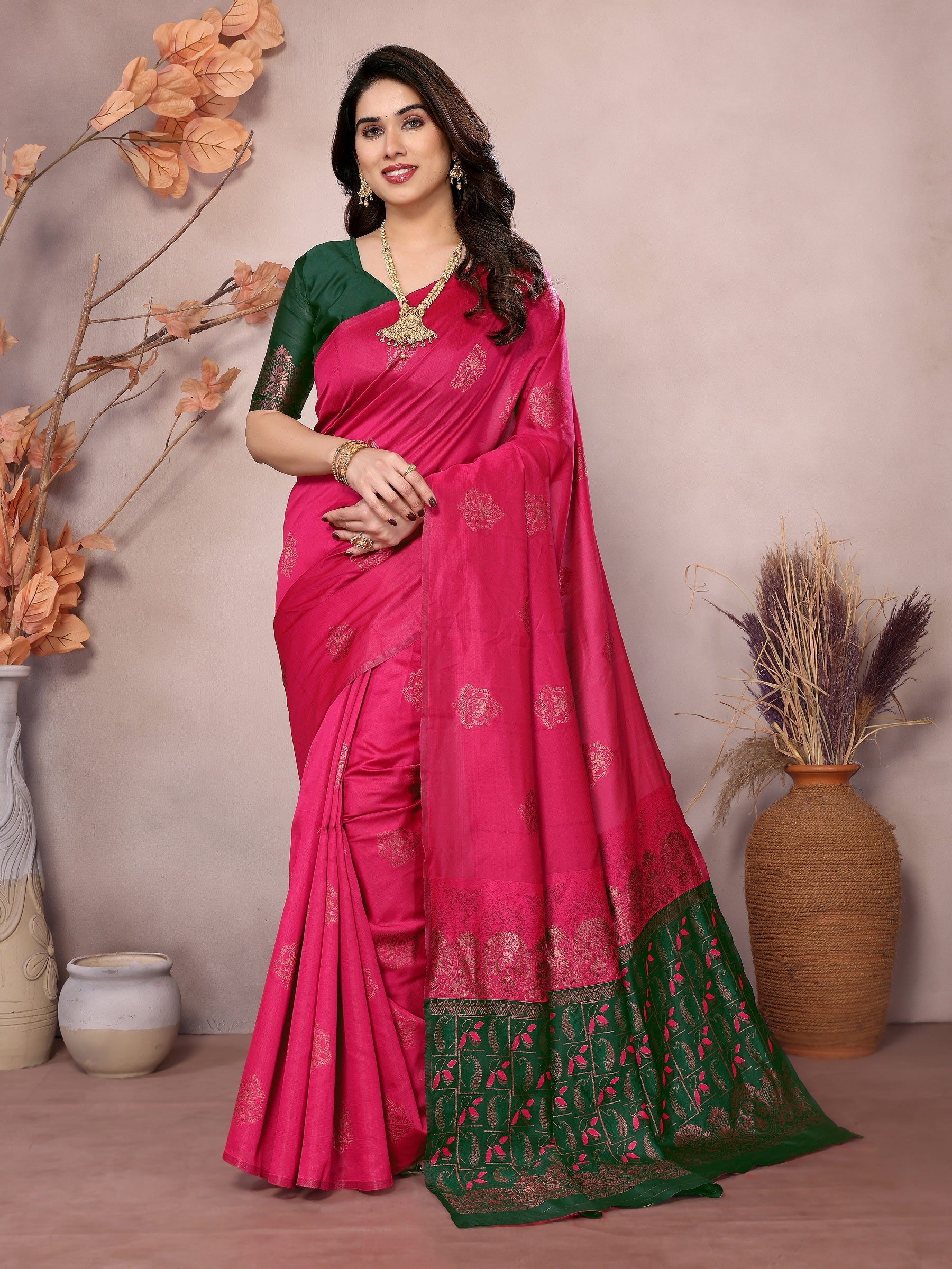Vedant Vastram Soft Litchi Silk Kanjeevaram Saree - Pink