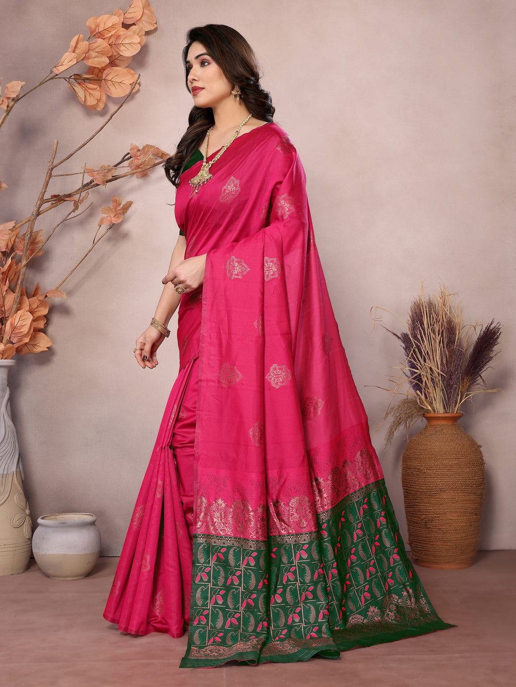 Vedant Vastram Soft Litchi Silk Kanjeevaram Saree - Pink