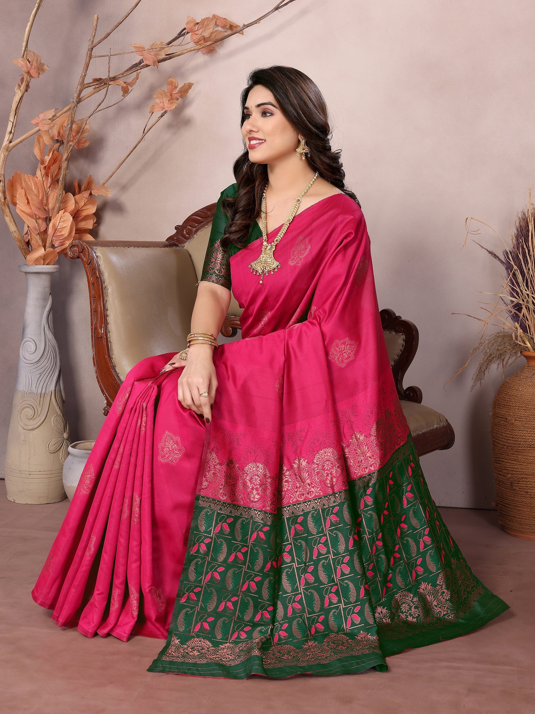 Vedant Vastram Soft Litchi Silk Kanjeevaram Saree - Pink