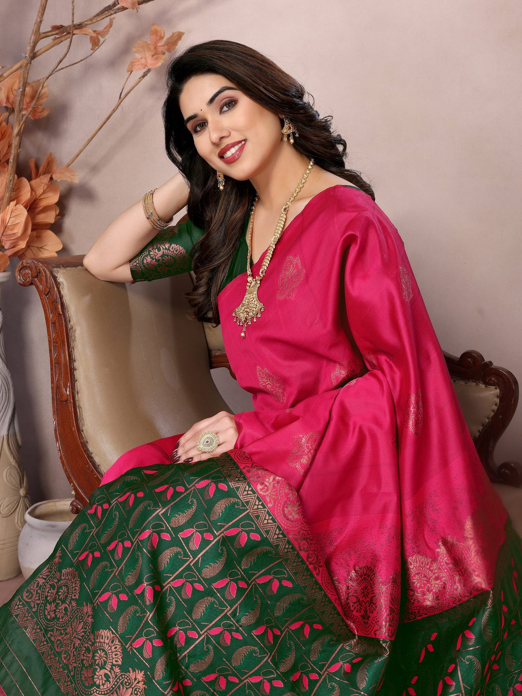 Vedant Vastram Soft Litchi Silk Kanjeevaram Saree - Pink