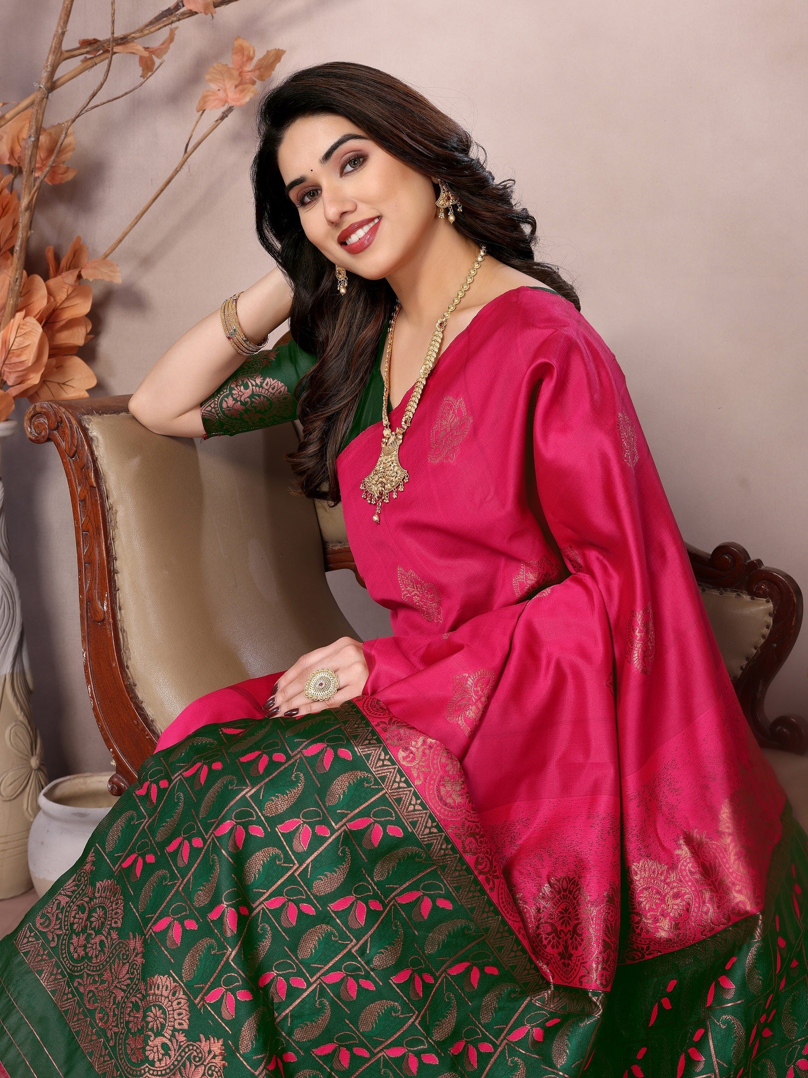 Vedant Vastram Soft Litchi Silk Kanjeevaram Saree - Pink