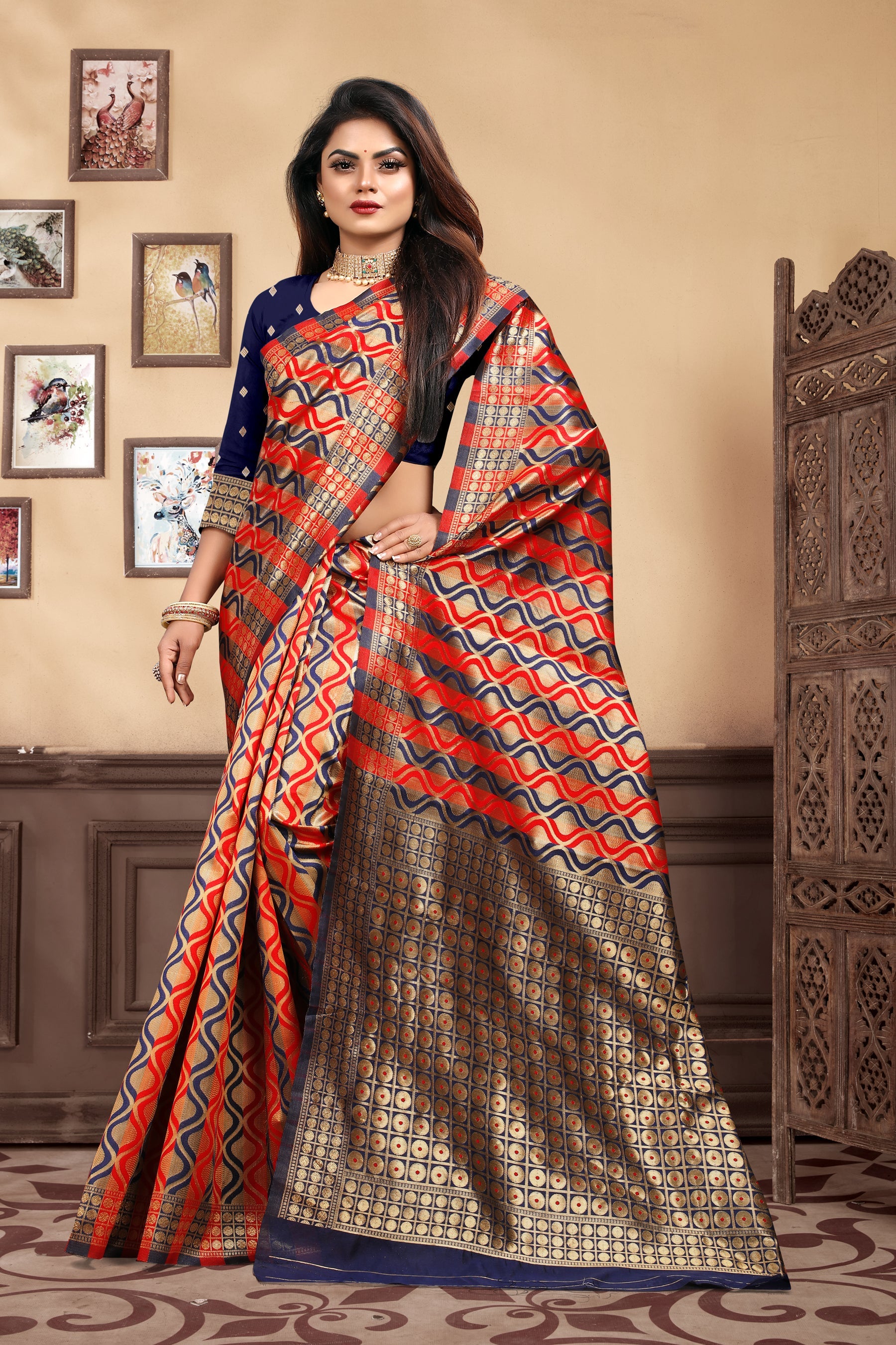 Vedant Vastram Litchi Silk Designer Banarasi Saree - Navy Blue