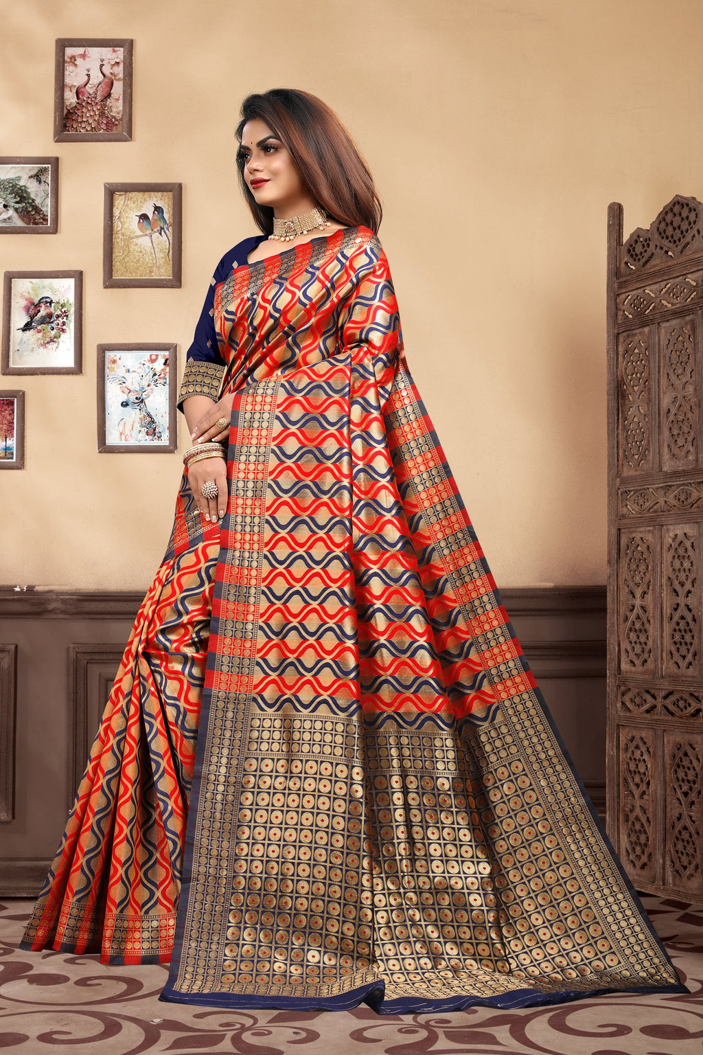Vedant Vastram Litchi Silk Designer Banarasi Saree - Navy Blue