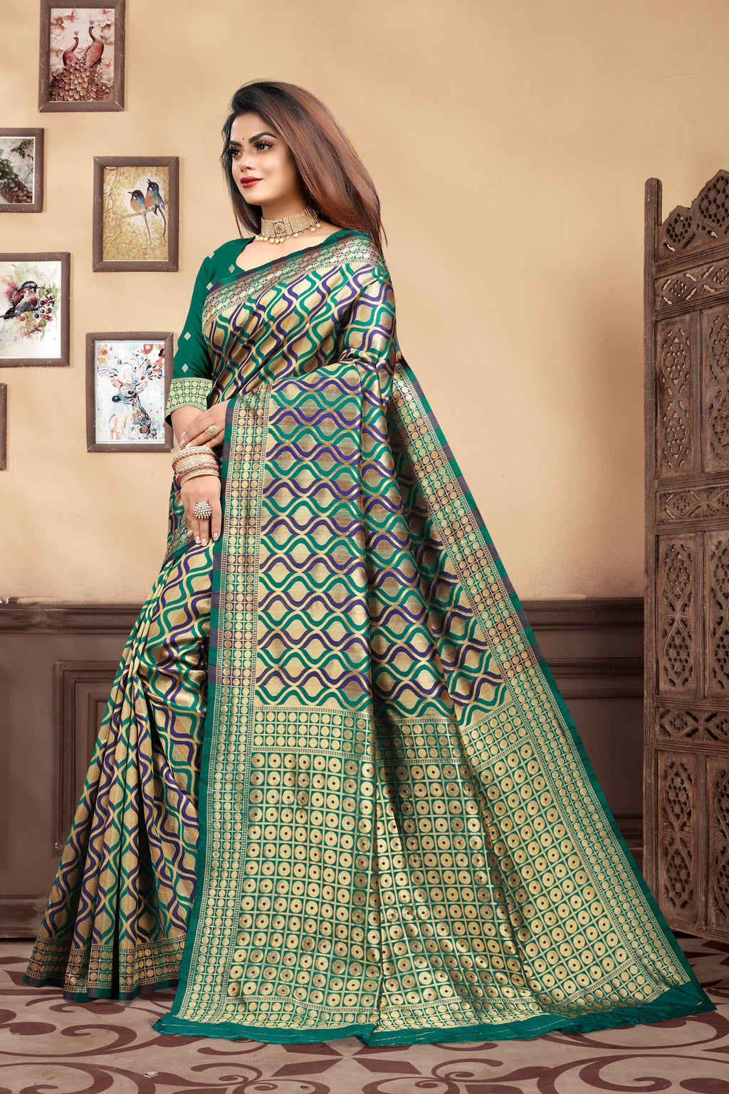 Vedant Vastram Litchi Silk Designer Banarasi Saree - Rama