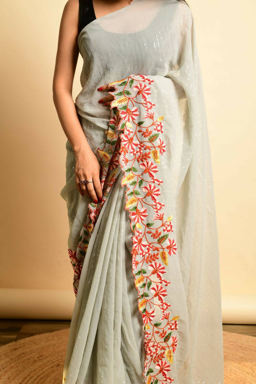 Vamsee Grey Georgette Designer Saree