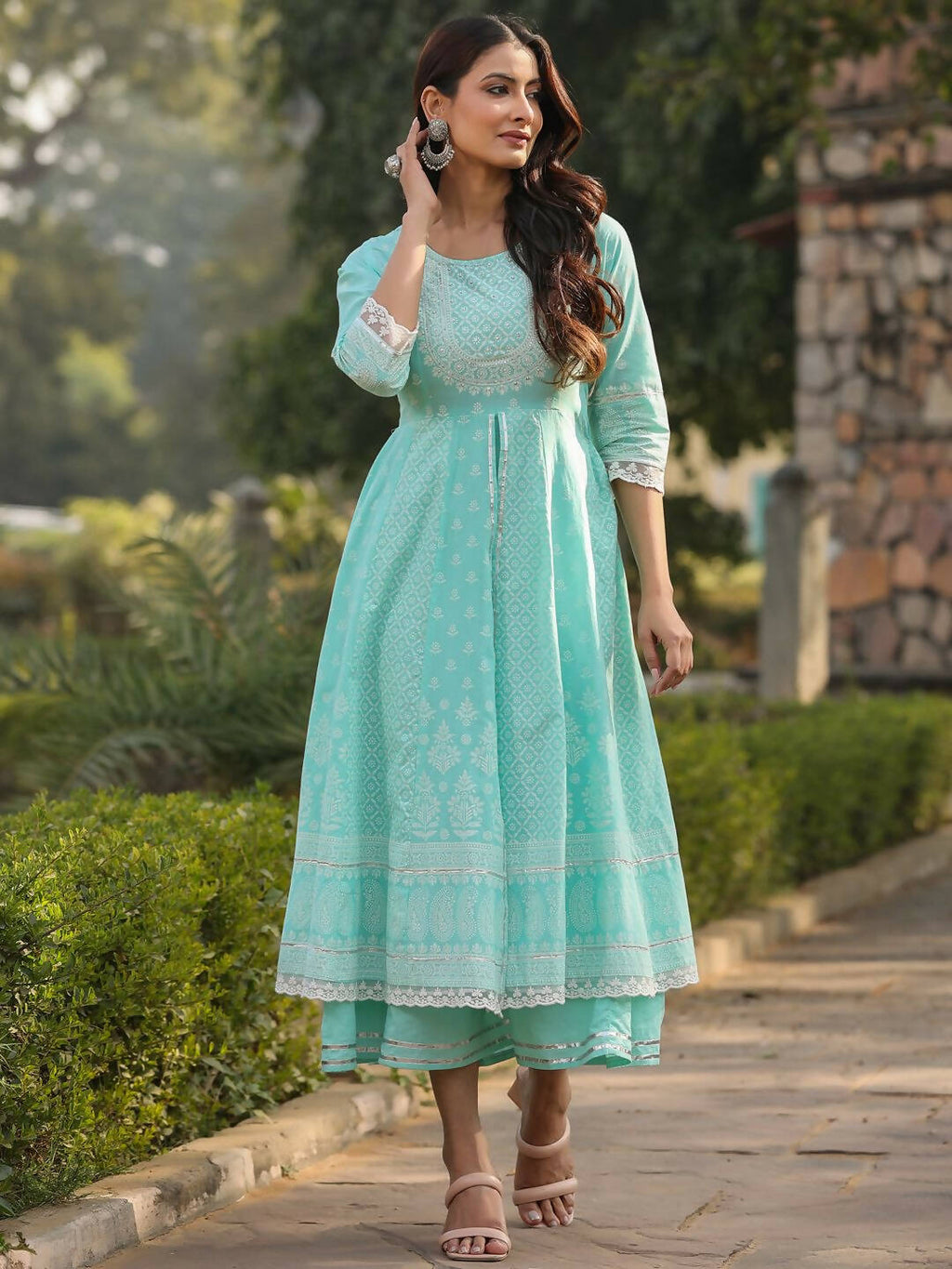 Juniper Women's Aqua Cambric Floral Printed Double Layered Kalidar Dress