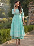 Juniper Women's Aqua Cambric Floral Printed Double Layered Kalidar Dress