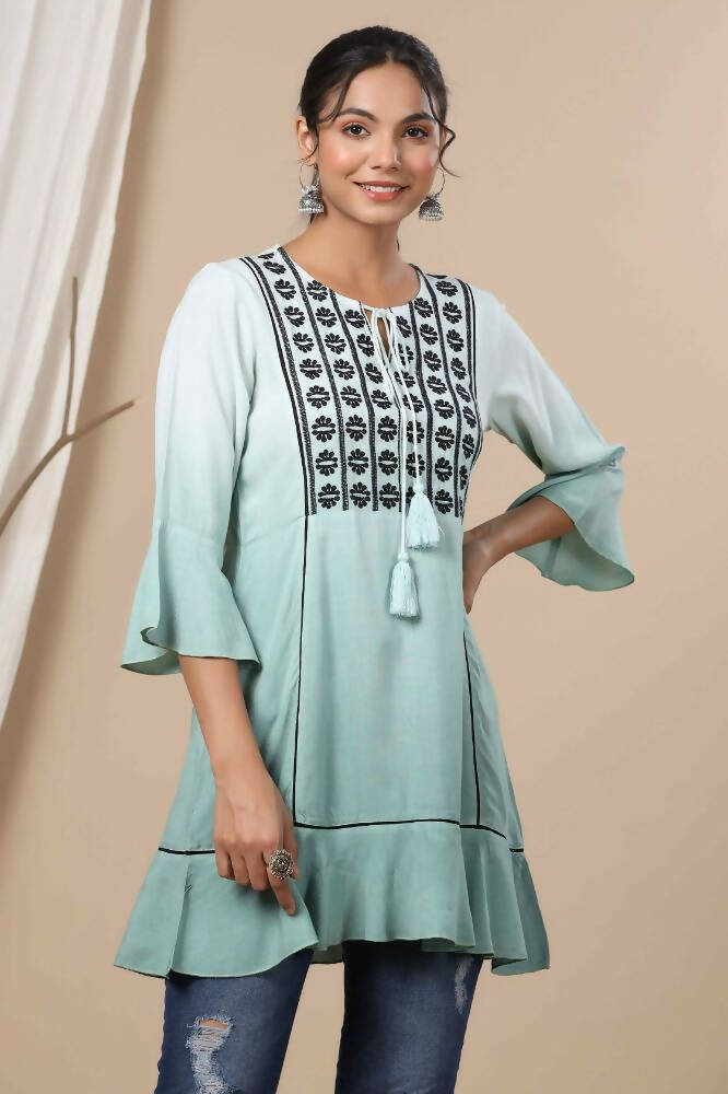Juniper Sage Green Rayon Festive Embroidered Tiered Tunic For Women