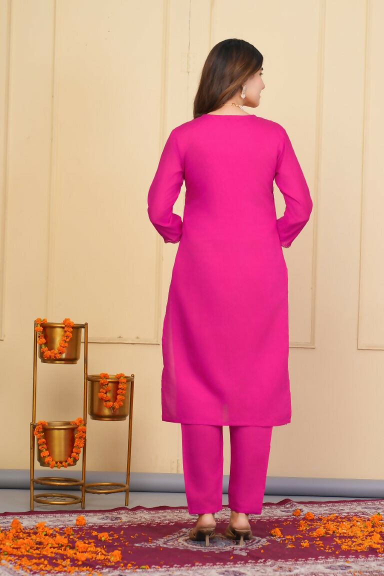 Pink Viscose Chanderi Embroidered Stitched Suit With Dupatta - Tanisha