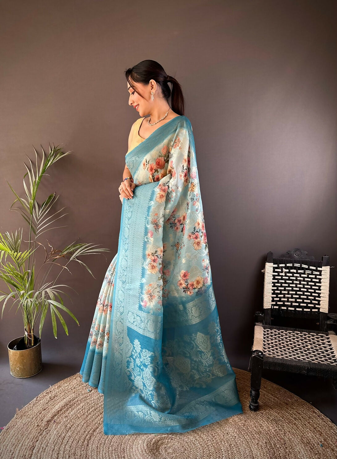 Joban Fashion Sky Blue Floral Motifs Banarasi Silk Sarees