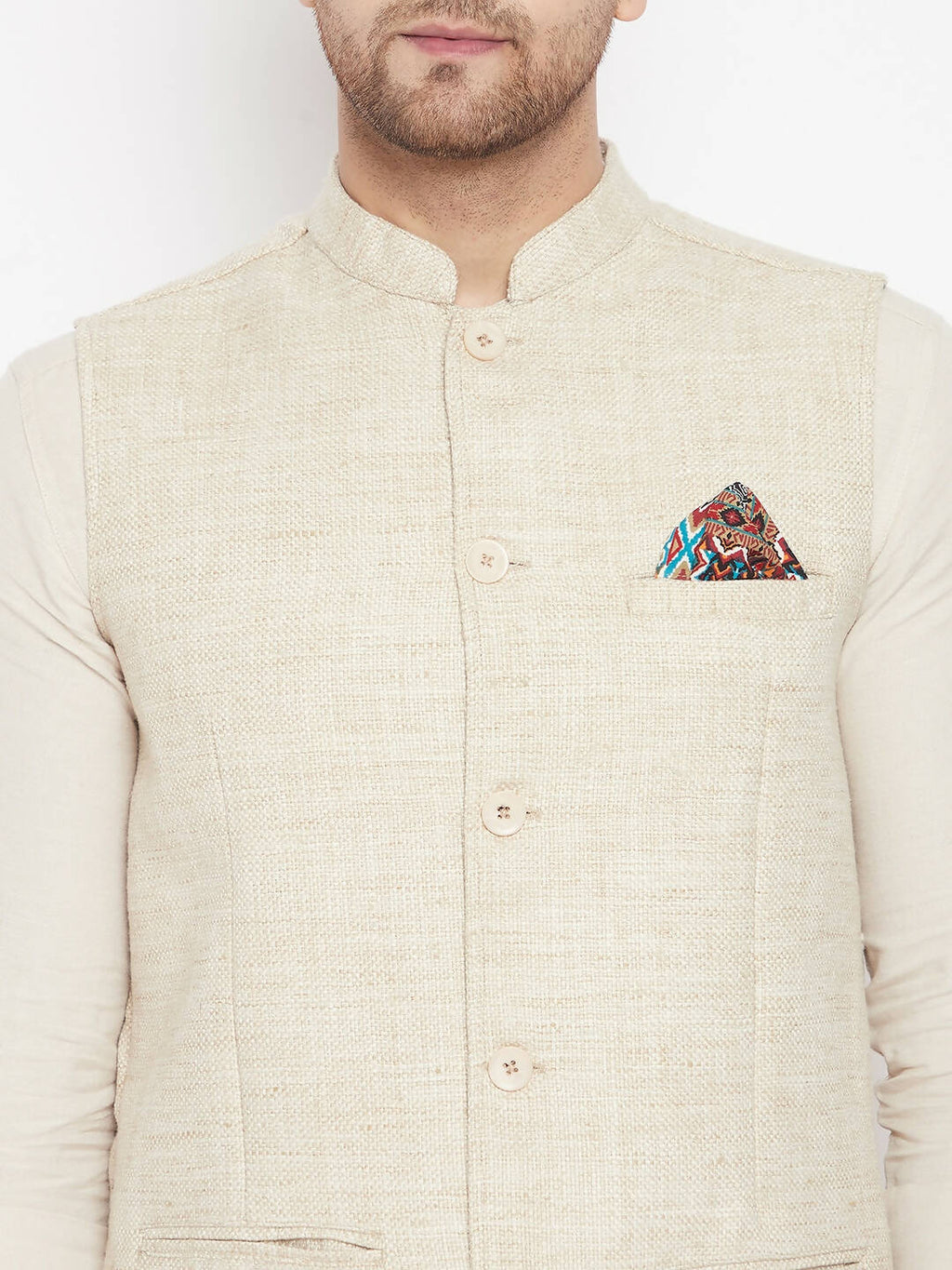 Even Apparels Beige Linen Men Woven Nehru Jacket