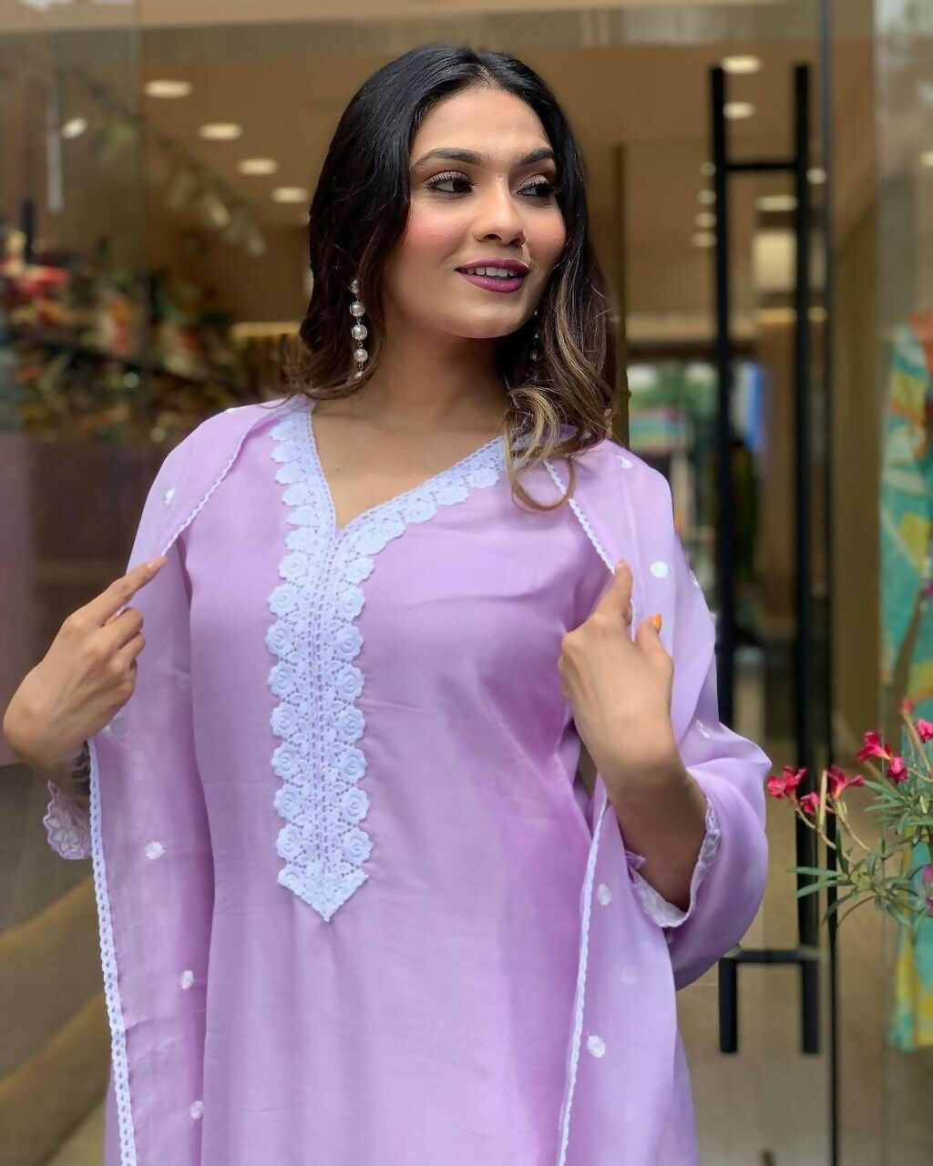 The52 Lavender Women's Gorgeous Embroidered Georgette Fabric Straight Kurta Pant with Dupatta Set