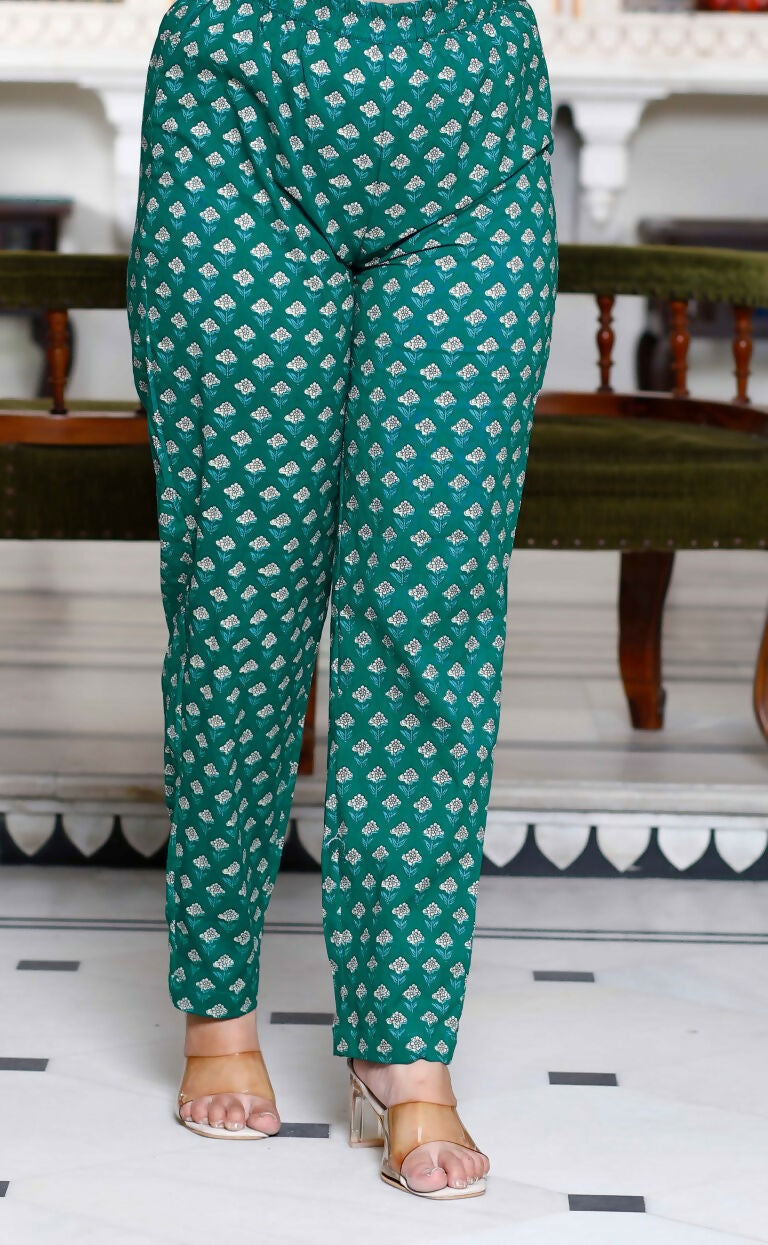 Miravan Women's Cotton Green Floral Printed Straight Pakistani Style Suit Set