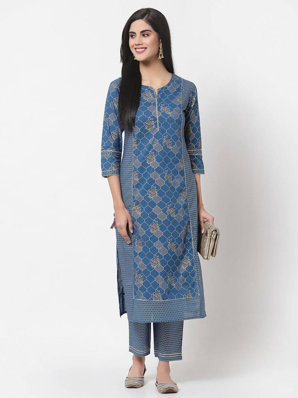 Myshka Women's Navy Blue Printed 3/4 Sleeve Cotton Round Neck Casual Kurta & Pant Set