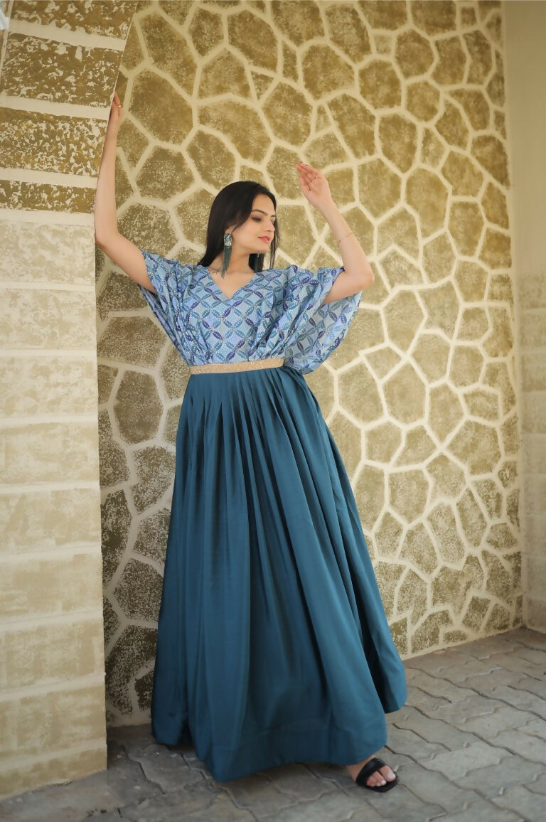 Jyoti Fashion Women's Teal Printed with Sequins Chinon Anarkali Dress