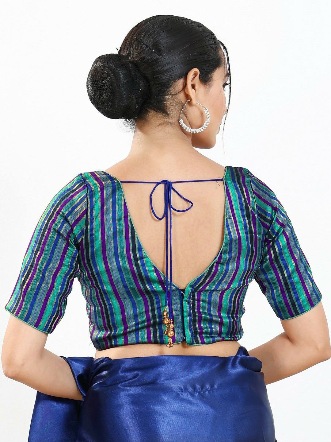 Joban Fashion Blue Multi Brocade Padded Blouse With V Neck Elbow Sleeves