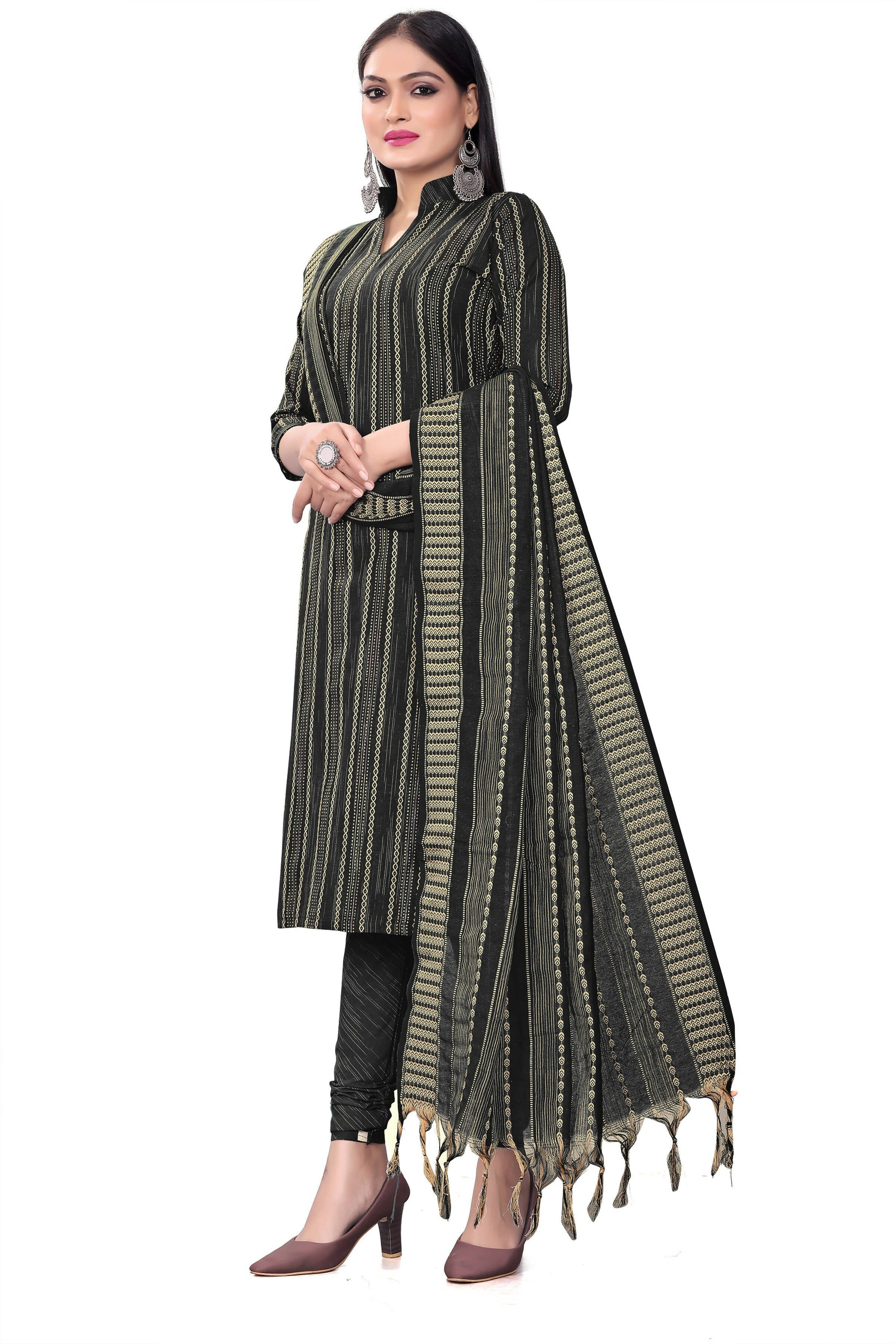 Black Cotton Jacquard Woven Unstitched Dress Material - Tanvi