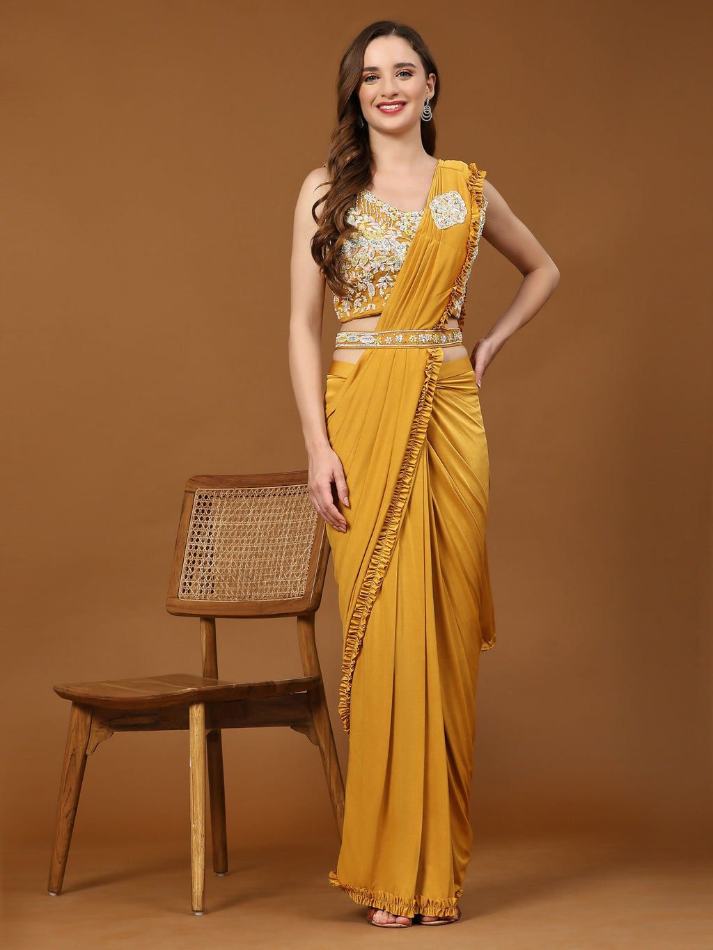 Yellow Lycra Solid Ready to wear Saree with stitched Blouse - Vanita