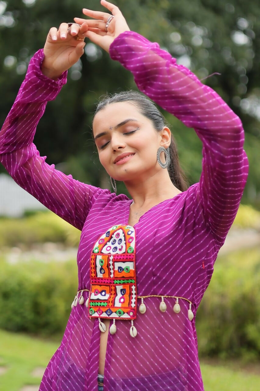 Vastranavya Purple Navratri Special Kutchi Patch Work with Leheriya Printed Kurti