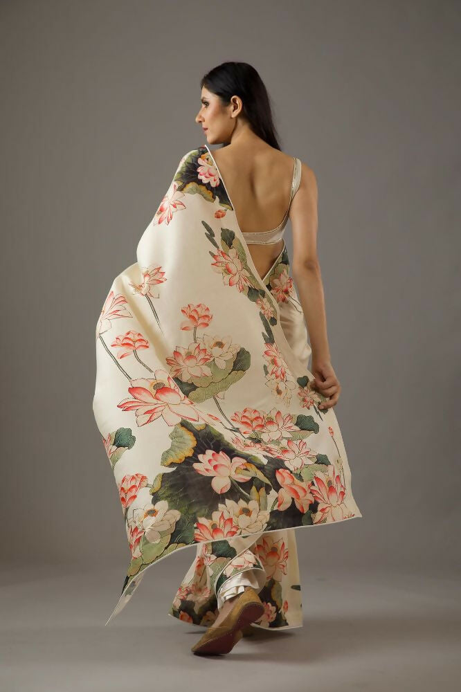Cream Bright Moss Designer Digital Printed Party Wear Saree - Be Verly