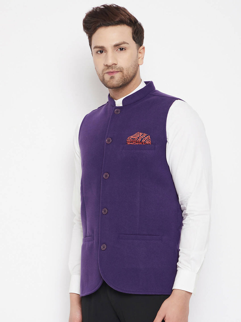 Even Apparels Purple Wool Men's Nehru Jacket-Contrast Lining-Inbuilt Pocket Square