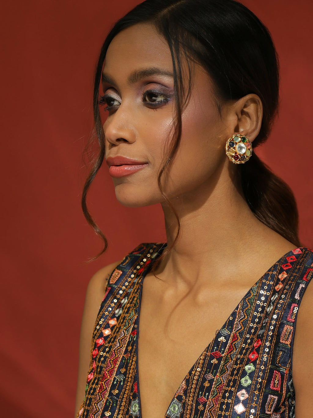 Multi Kundan Studs- Ruby Raang