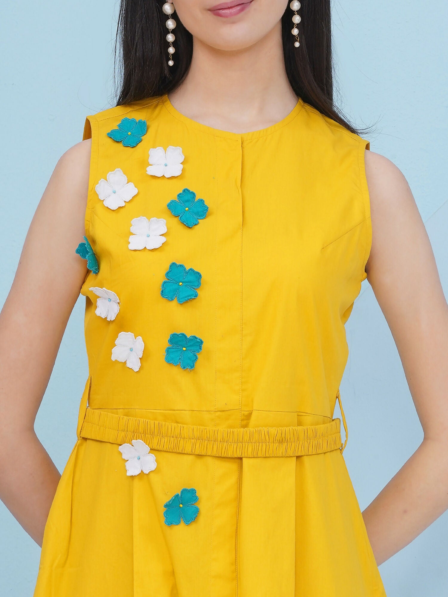 Joban Fashion Yellow Dress with 3D Flower Embroidery and Belt