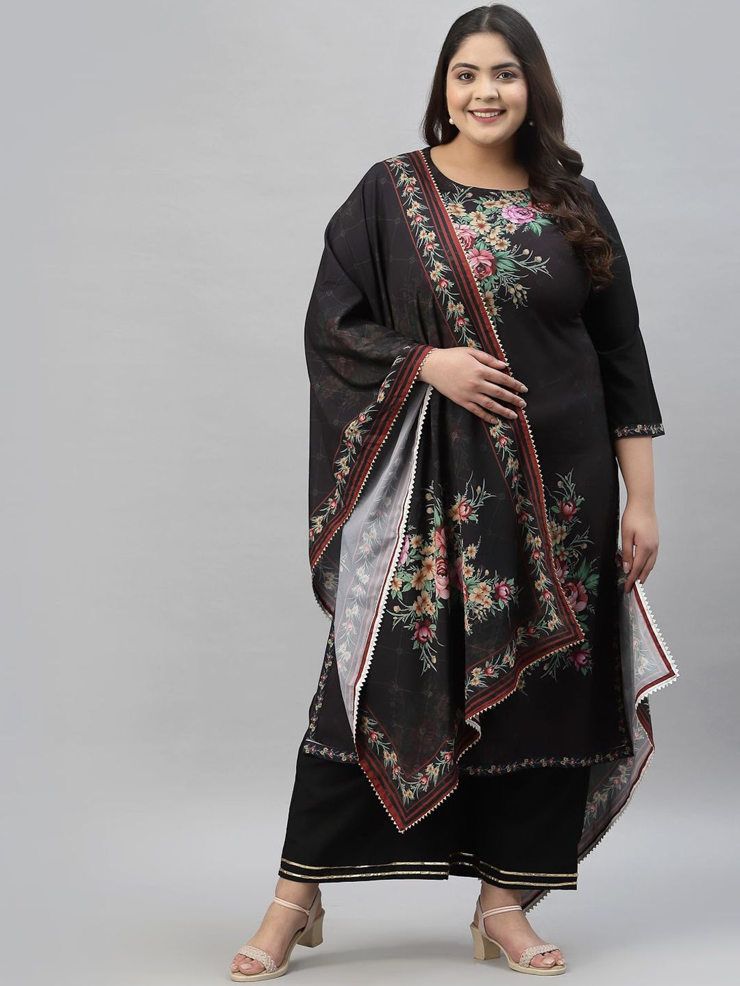 Sztori Plus Size Floral Printed Regular Straight Kurta with Palazzos & With Dupatta