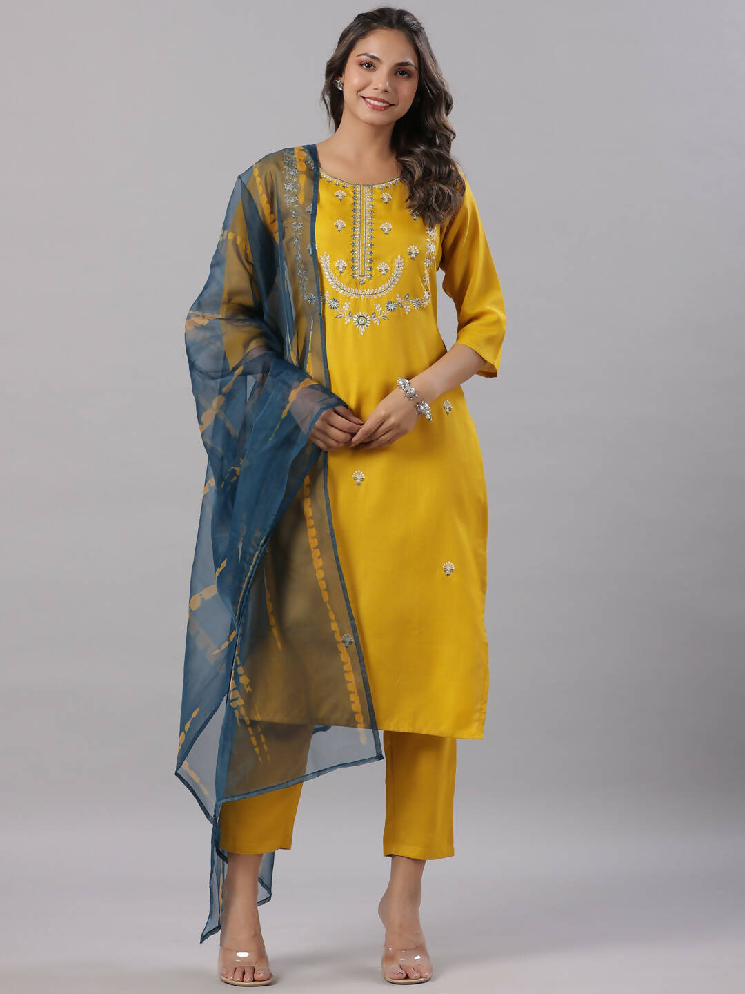 Juniper Women's Mustard Silk Zari Embroidered Kurta Pant Dupatta Set