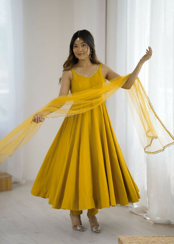Joban Fashion Yellow Kurta Set Chanderi Sequence Embroidery Work