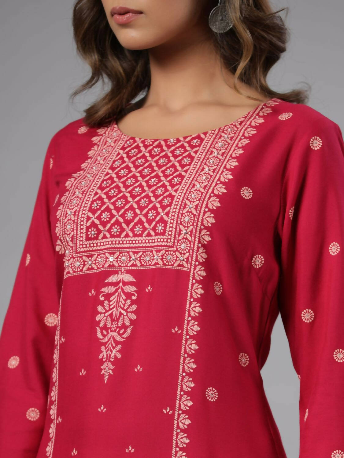 Juniper Women Fuchsia Rayon Printed Knee Length Straight Kurta