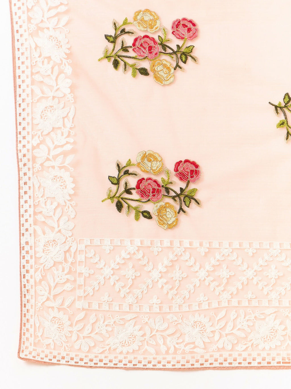 Peach Organza Floral Embroidered Saree with Unstitched Blouse Piece - Roozal