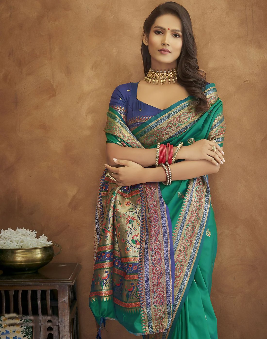 Vastranavya Turquoise Soft Paithani Silk Saree With Gold Zari Weaving Motifs With Matching Blouse Fabric