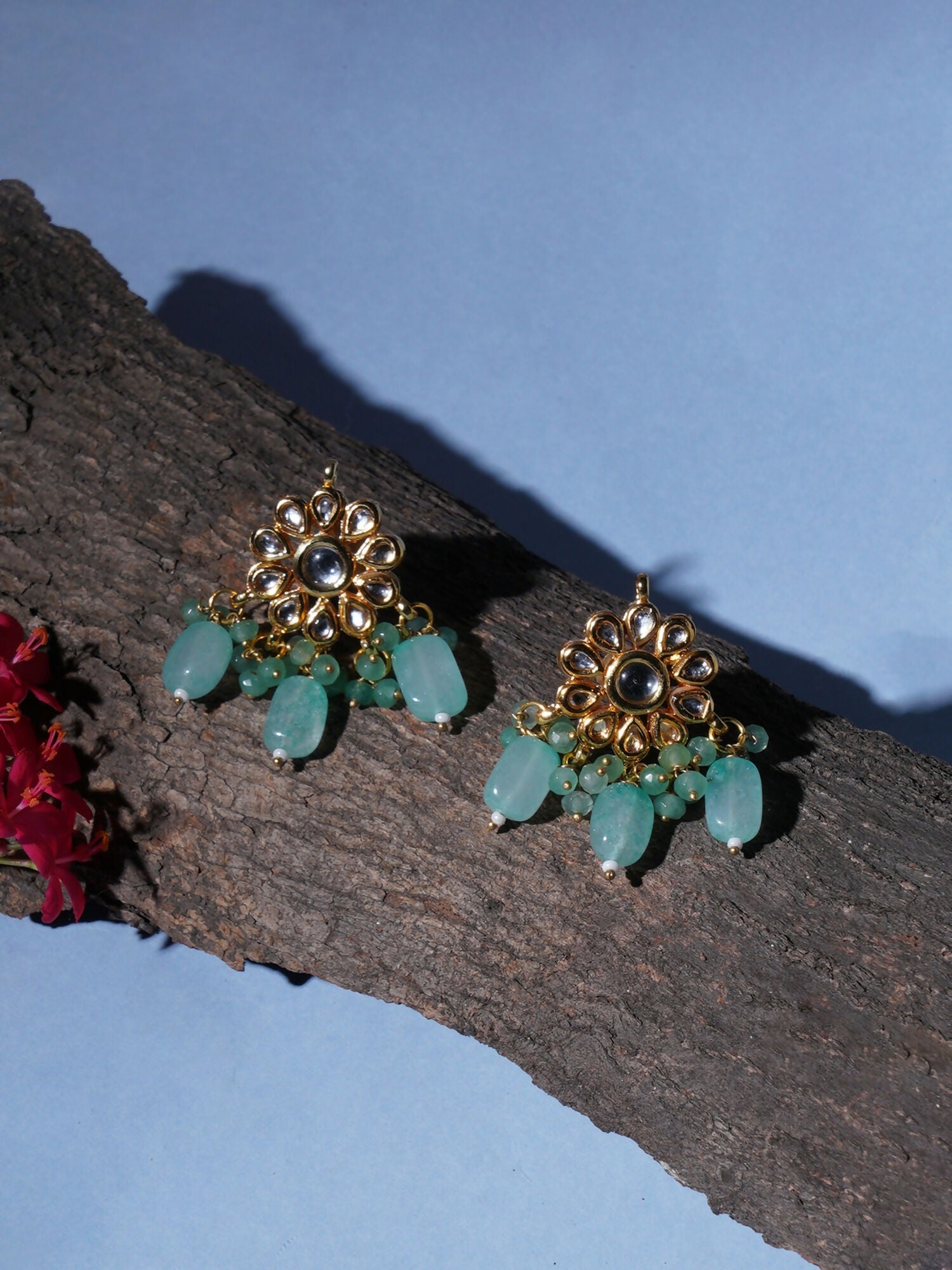 Mint Stone Kundan Earrings (Gold) - Ruby Raang