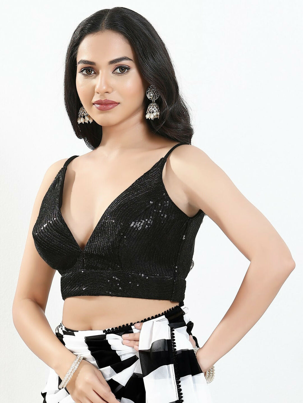 Joban Fashion Black Sequin Padded Blouse With V Neck Sleeveless