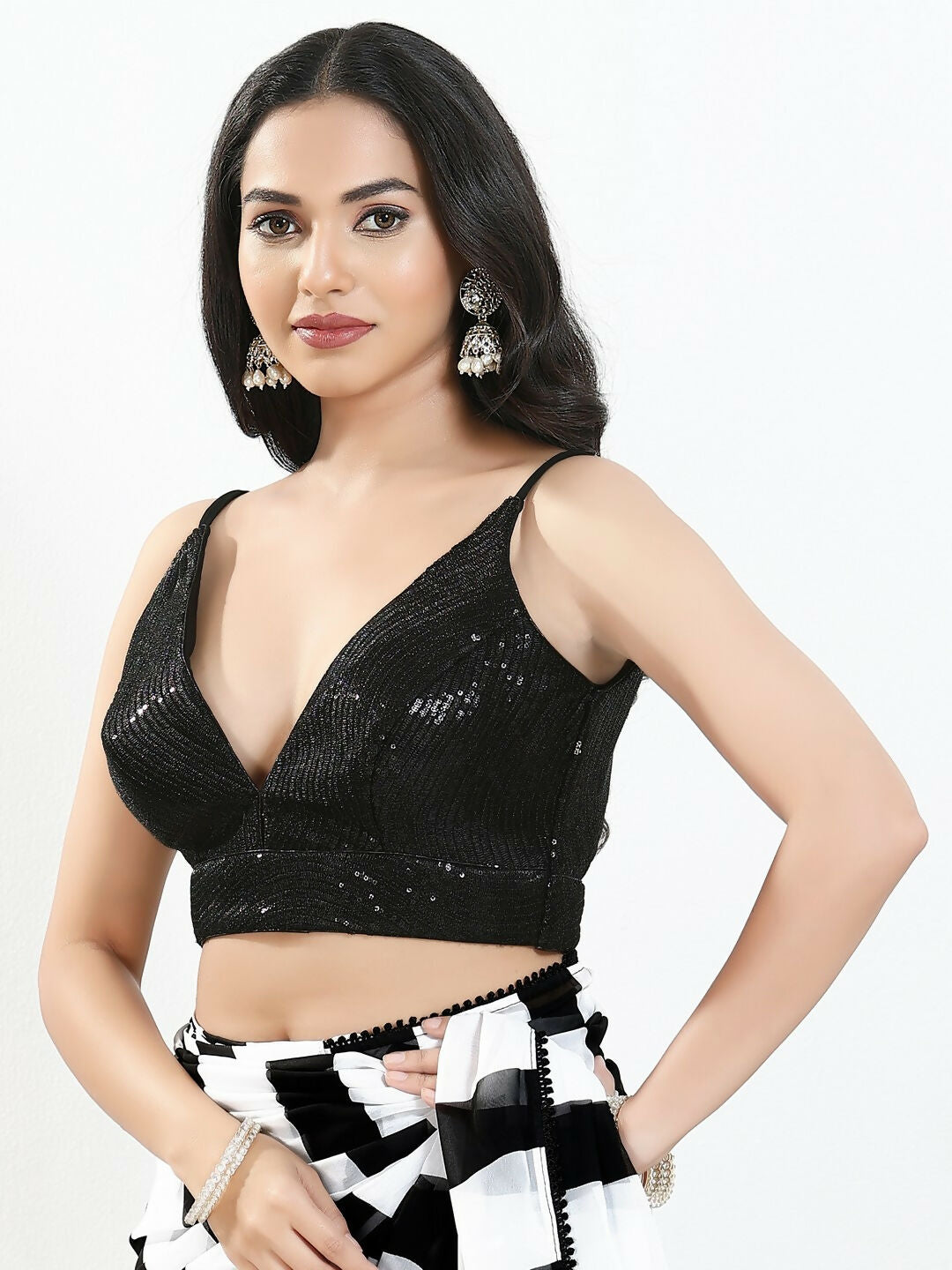 Joban Fashion Black Sequin Padded Blouse With V Neck Sleeveless