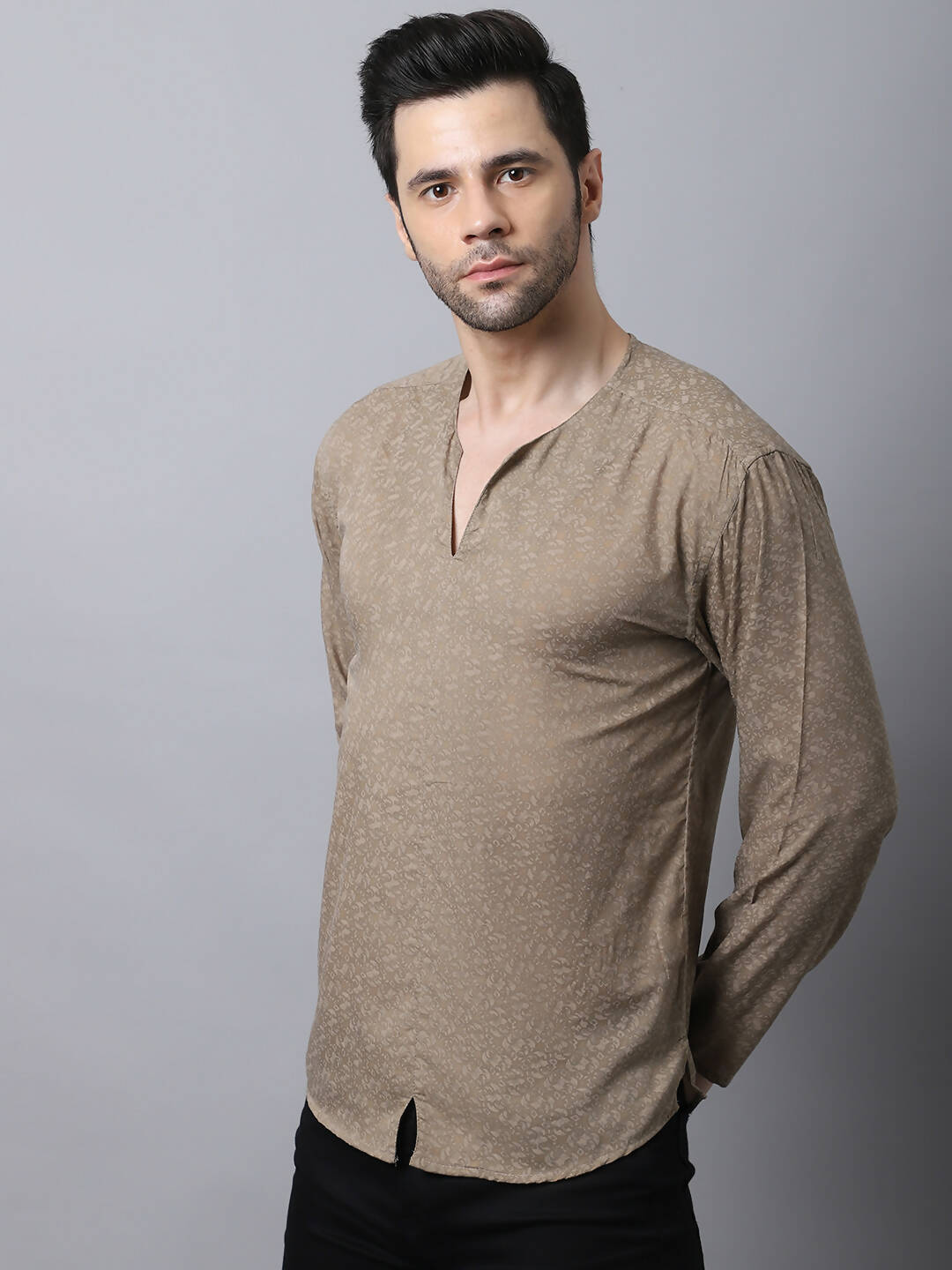 Even Apparels Beige Pure Cotton Round Neck Slit Men's Kurta